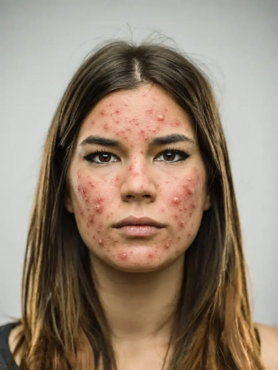 Retrato frontal editado com acne intensa na testa, nas bochechas e no queixo